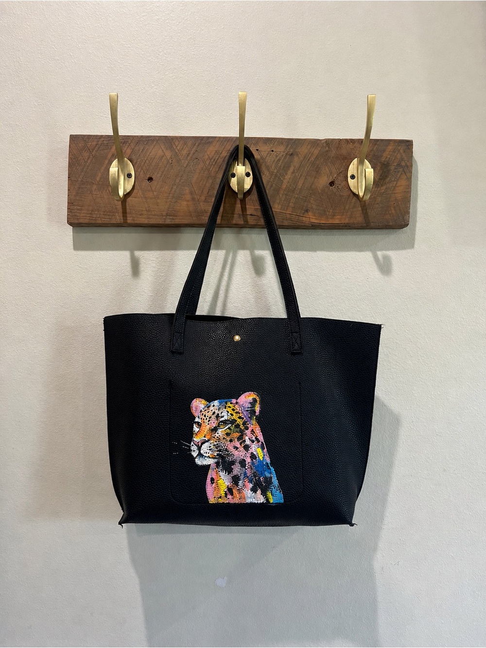 Hand painted Black Tote Bag with Colorful Leopard , swipe for options.